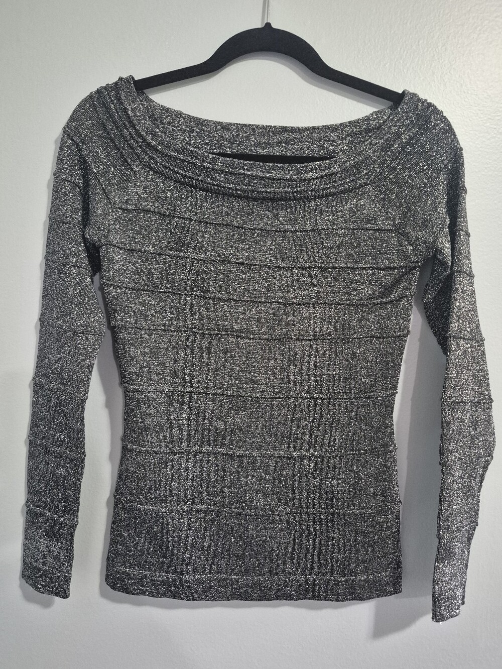 Y2K Vintage Cache 90s 2000s grey Metallic Ribbed Off The Shoulder Knit Top Small